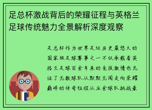 足总杯激战背后的荣耀征程与英格兰足球传统魅力全景解析深度观察